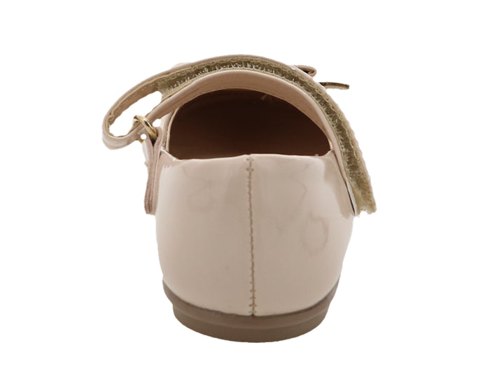 Zapato plano para niña color rosa brillante con moño decorativo y correa ajustable.