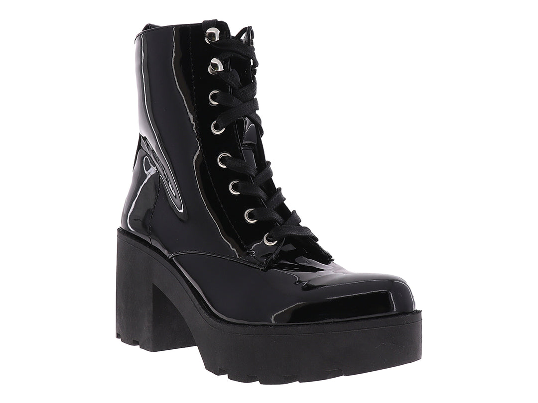 Bota de charol negro con plataforma, tacón grueso y cierre de agujetas para Mujer.