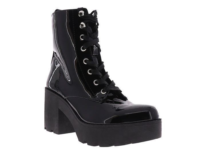 Bota de charol negro con plataforma, tacón grueso y cierre de agujetas para Mujer.