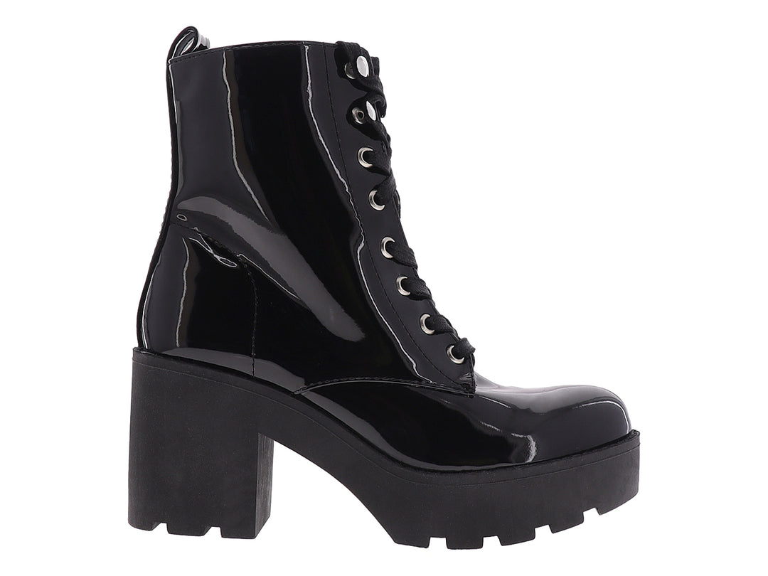 Bota de charol negro con plataforma, tacón grueso y cierre de agujetas para Mujer.