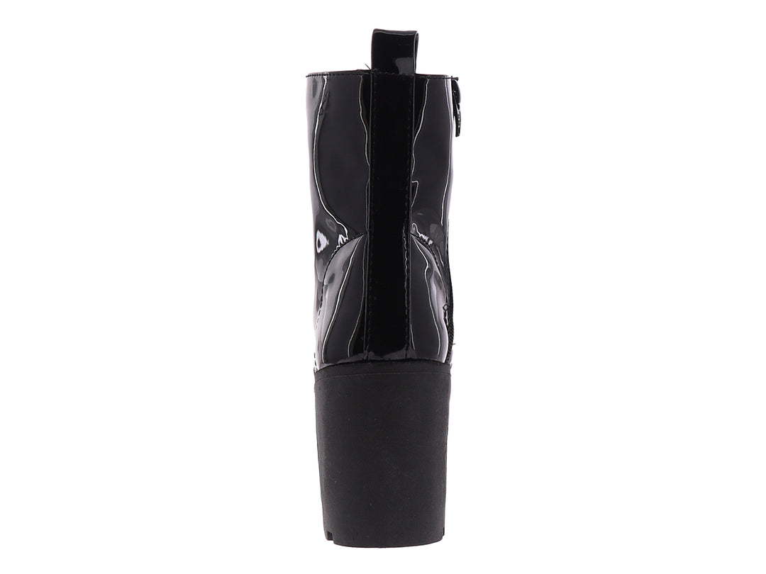 Bota de charol negro con plataforma, tacón grueso y cierre de agujetas para Mujer.