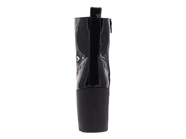 Bota de charol negro con plataforma, tacón grueso y cierre de agujetas para Mujer.