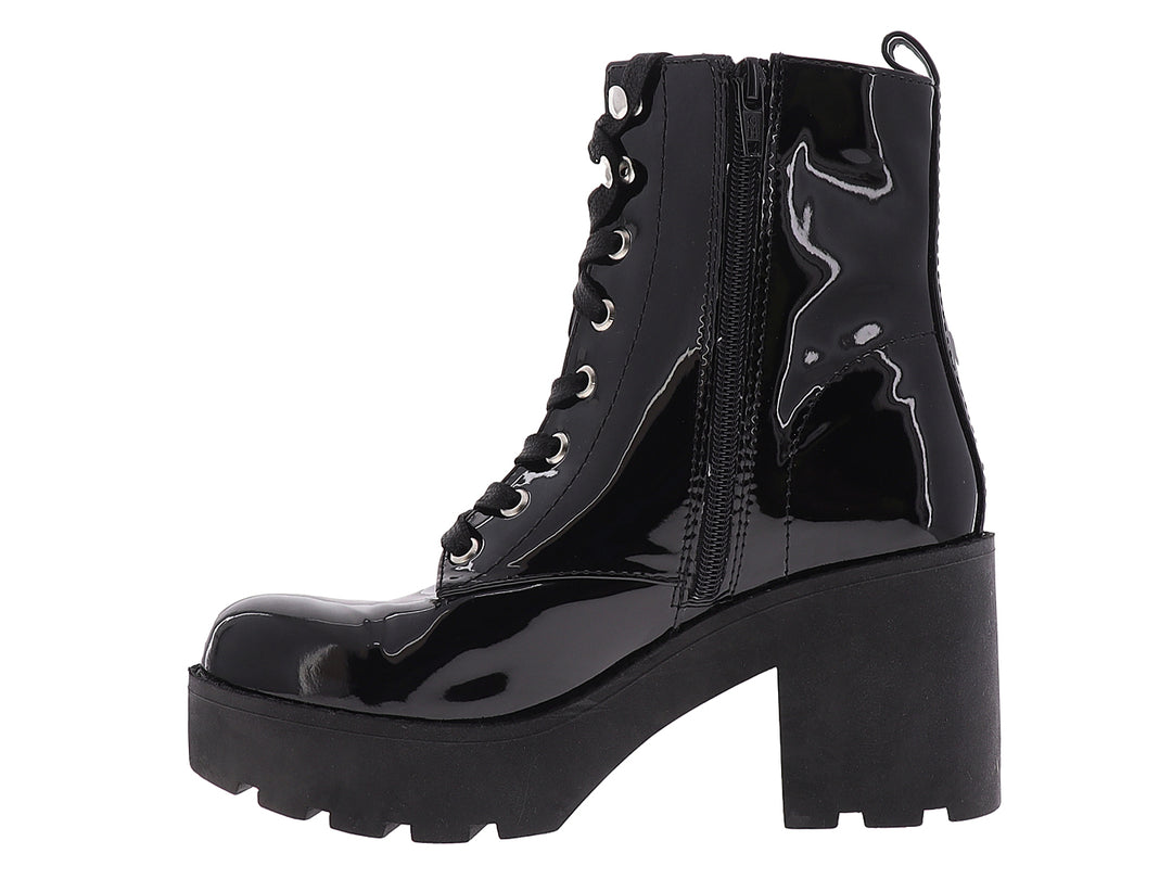 Bota de charol negro con plataforma, tacón grueso y cierre de agujetas para Mujer.