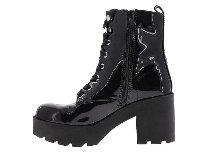 Bota de charol negro con plataforma, tacón grueso y cierre de agujetas para Mujer.