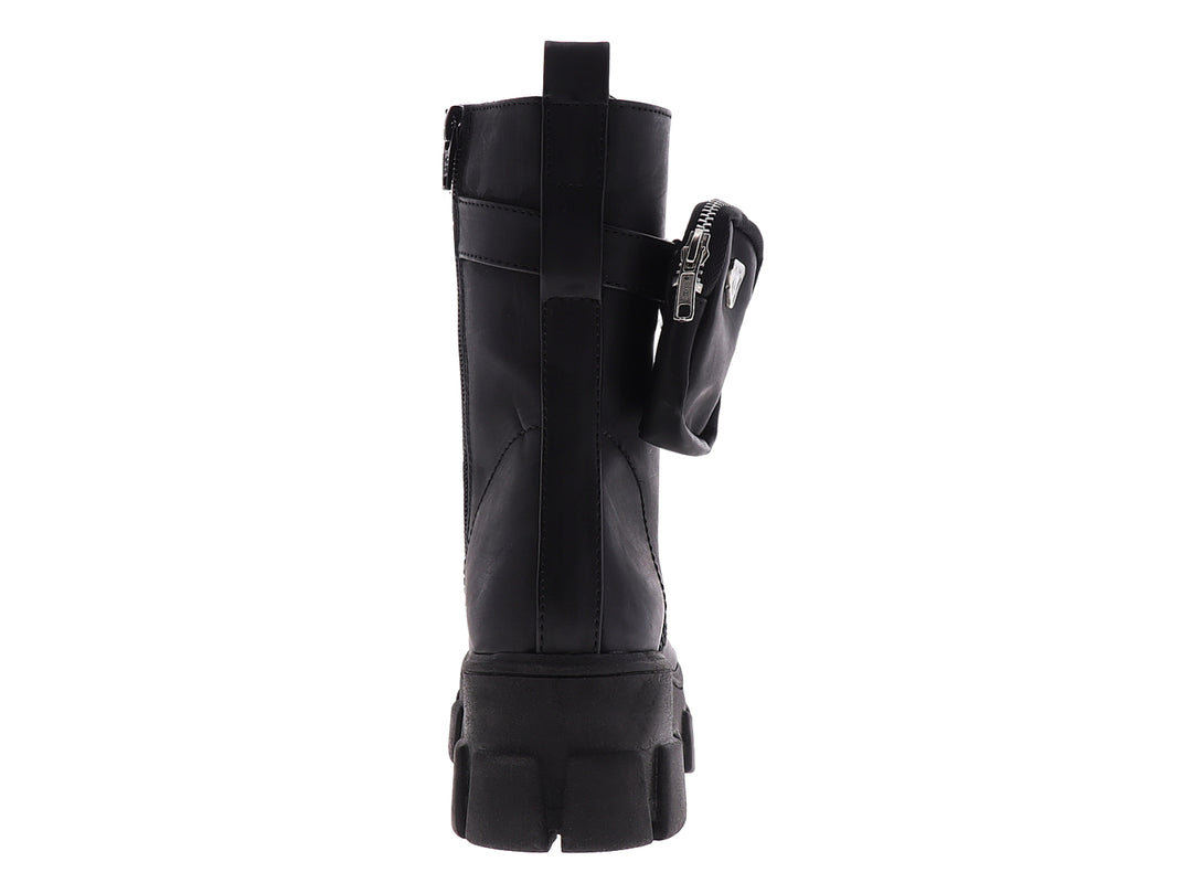 Botines negros para mujer con suela de plataforma gruesa, agujetas y un pequeño bolsillo lateral con cierre.