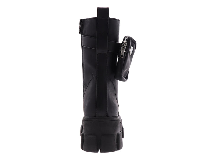 Botines negros para mujer con suela de plataforma gruesa, agujetas y un pequeño bolsillo lateral con cierre.