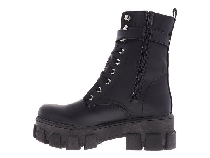 Botines negros para mujer con suela de plataforma gruesa, agujetas y un pequeño bolsillo lateral con cierre.