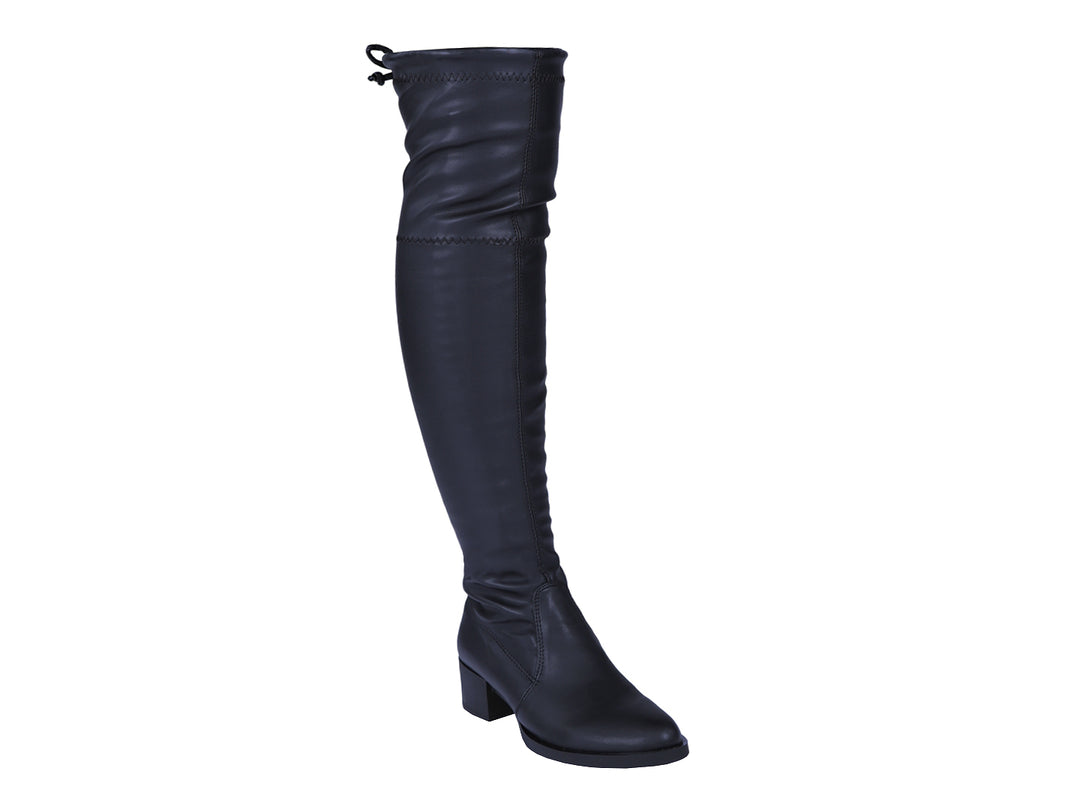 Botas altas color negro para mujer con tacón cuadrado y detalle de cordones en la parte superior.