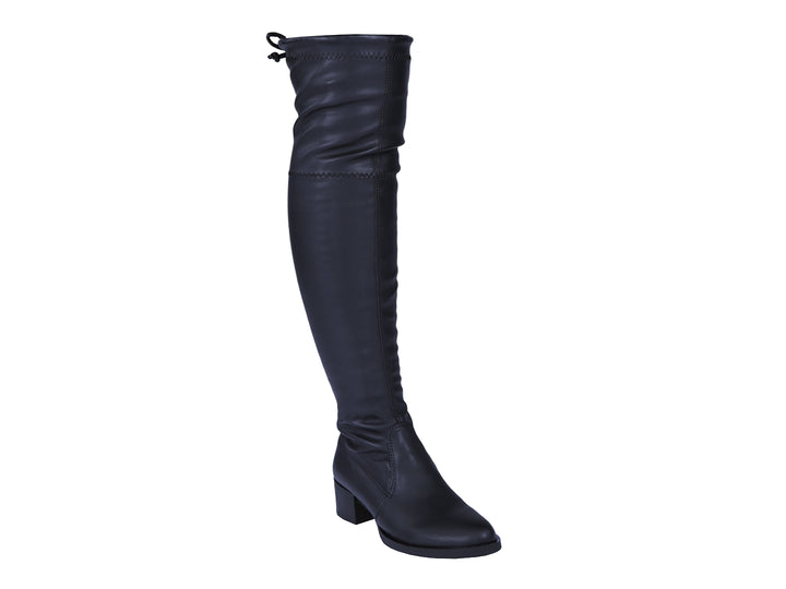 Botas altas color negro para mujer con tacón cuadrado y detalle de cordones en la parte superior.