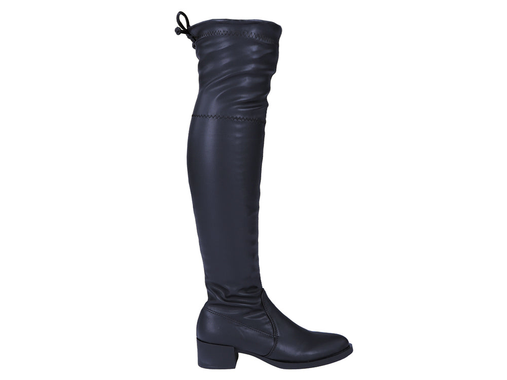 Botas altas color negro para mujer con tacón cuadrado y detalle de cordones en la parte superior.
