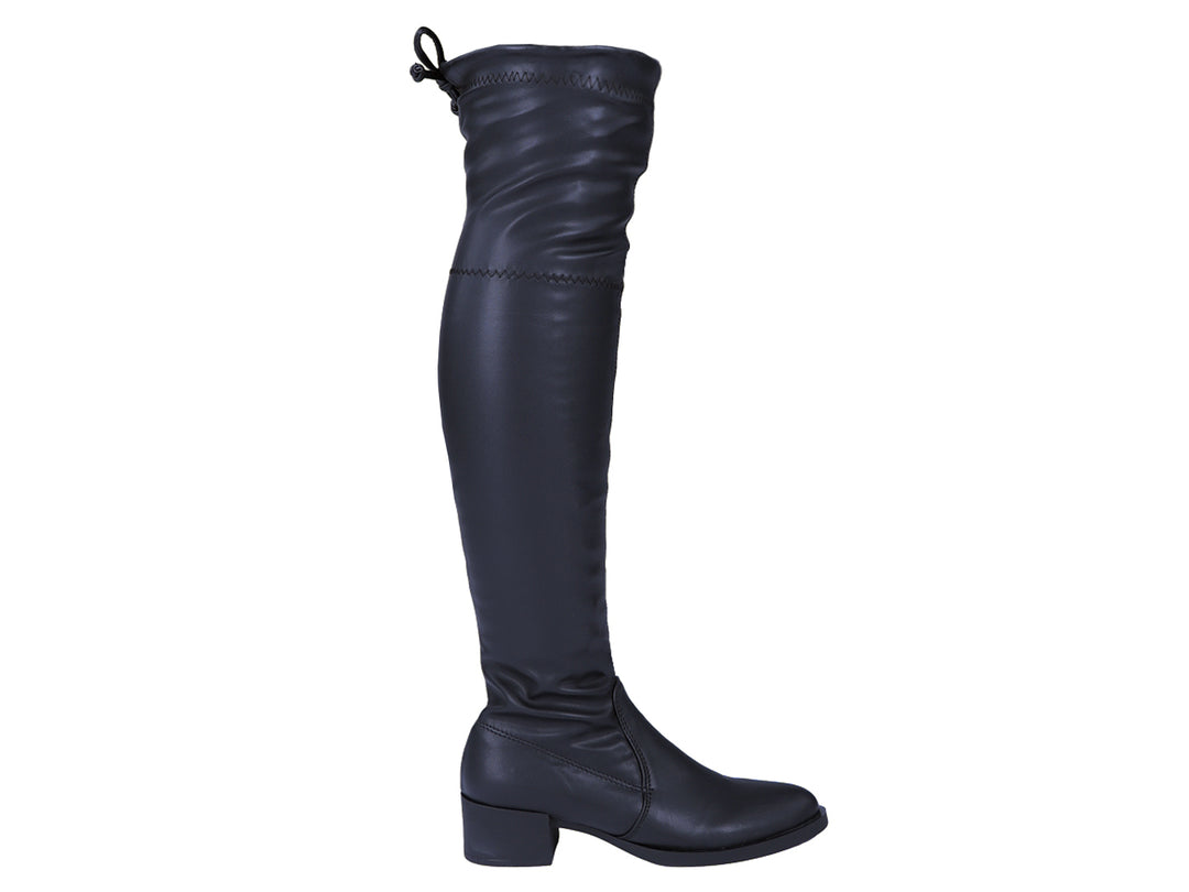 Botas altas color negro para mujer con tacón cuadrado y detalle de cordones en la parte superior.