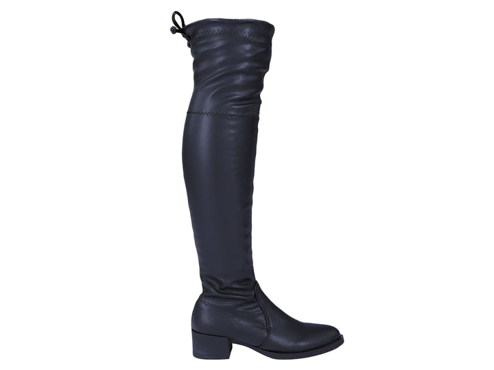 Botas altas color negro para mujer con tacón cuadrado y detalle de cordones en la parte superior.