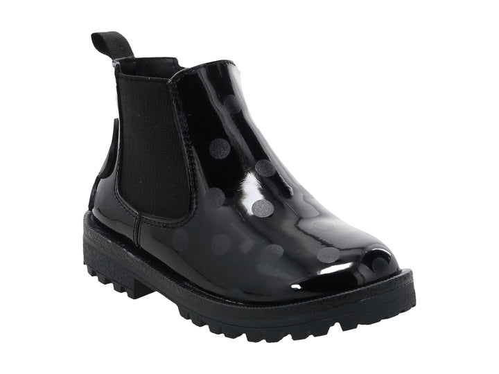 Bota negra de charol con lunares y detalle de Mickey Mouse en el talón.
