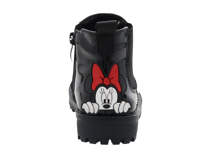 Bota negra de charol con lunares y detalle de Mickey Mouse en el talón.