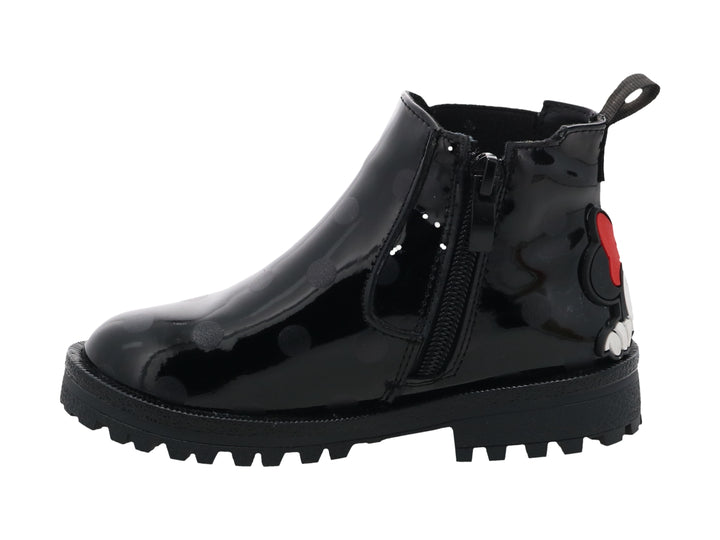 Bota negra de charol con lunares y detalle de Mickey Mouse en el talón.