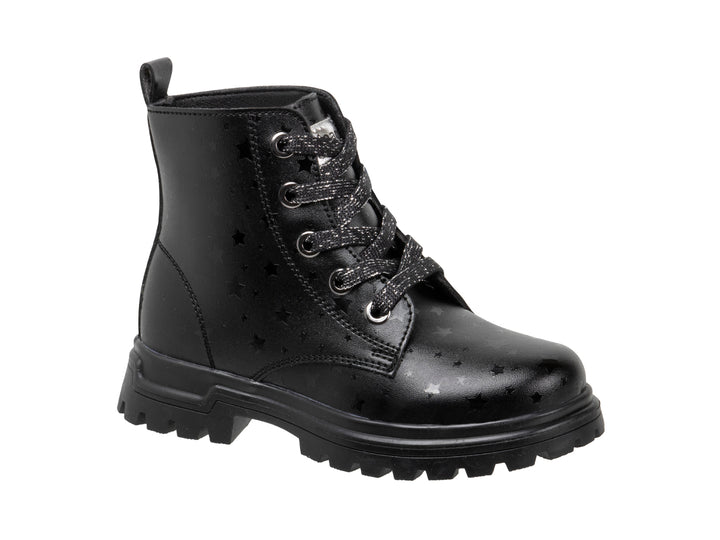 Botín negro con estampado de estrellas, cordones con glitter y suela track.