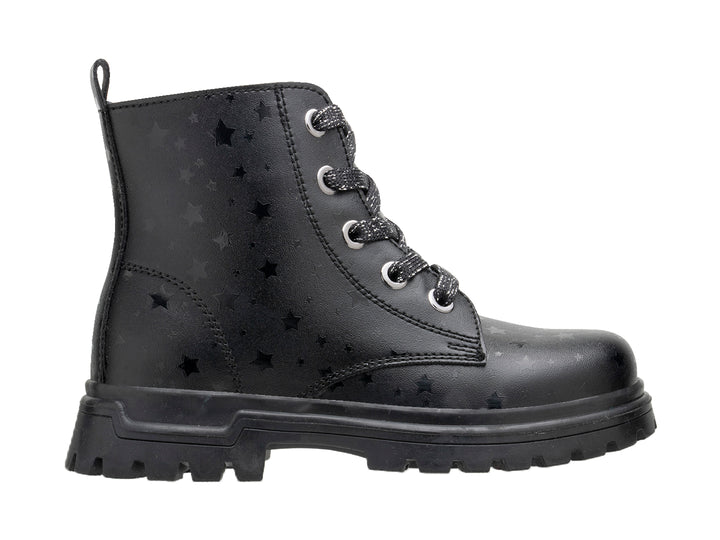 Botín negro con estampado de estrellas, cordones con glitter y suela track.