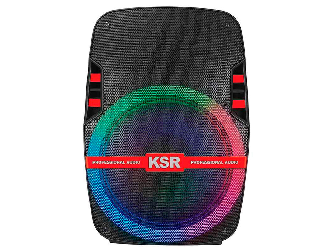 Bocina amplificada Kaiser Mitzu negra de 15 pulgadas con iluminación LED multicolor y detalles en rojo.