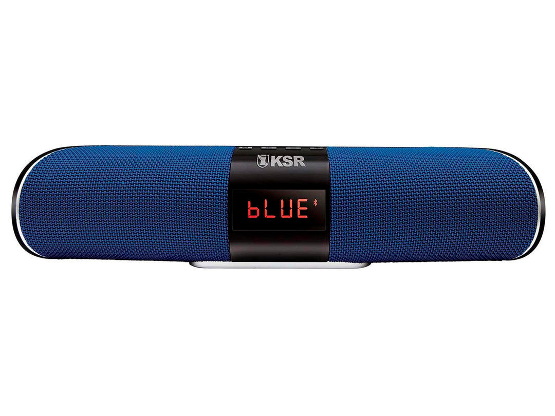 Bocina portátil Kaiser Mitzu de color azul con malla textil y pantalla digital central.