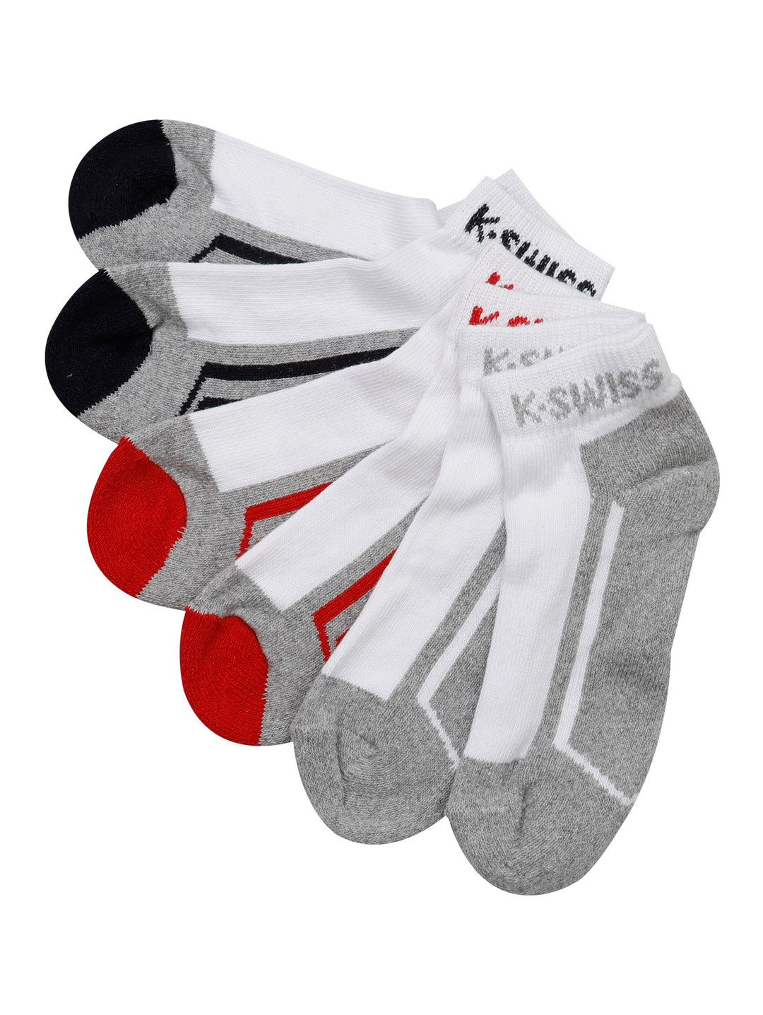 Set de tres pares de calcetines K-Swiss para niño en colores blanco, gris, rojo y negro.