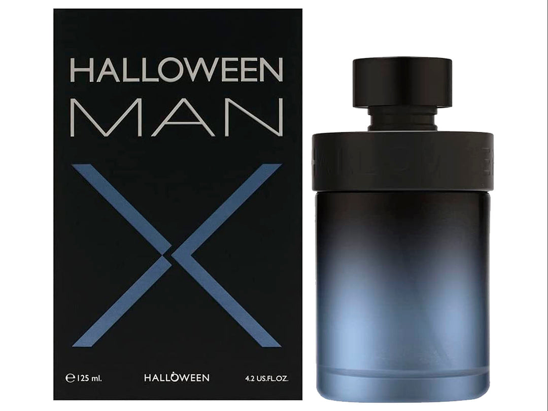 Perfume J. Del Pozo Halloween Man X con botella cilíndrica negra y caja a juego con una letra X azul.