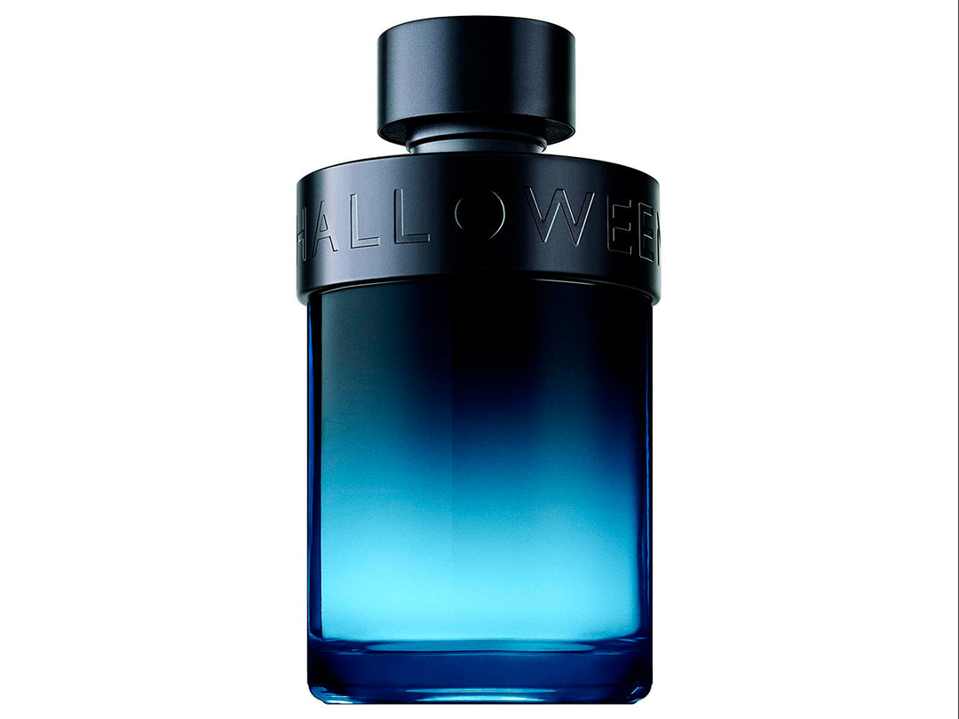 Perfume J. Del Pozo Halloween Man X con botella cilíndrica negra y caja a juego con una letra X azul.