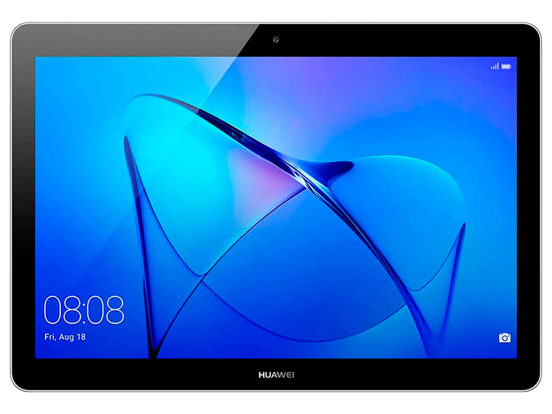 Tablet HUAWEI Pad T3 10 de color gris con pantalla encendida mostrando fondo azul.