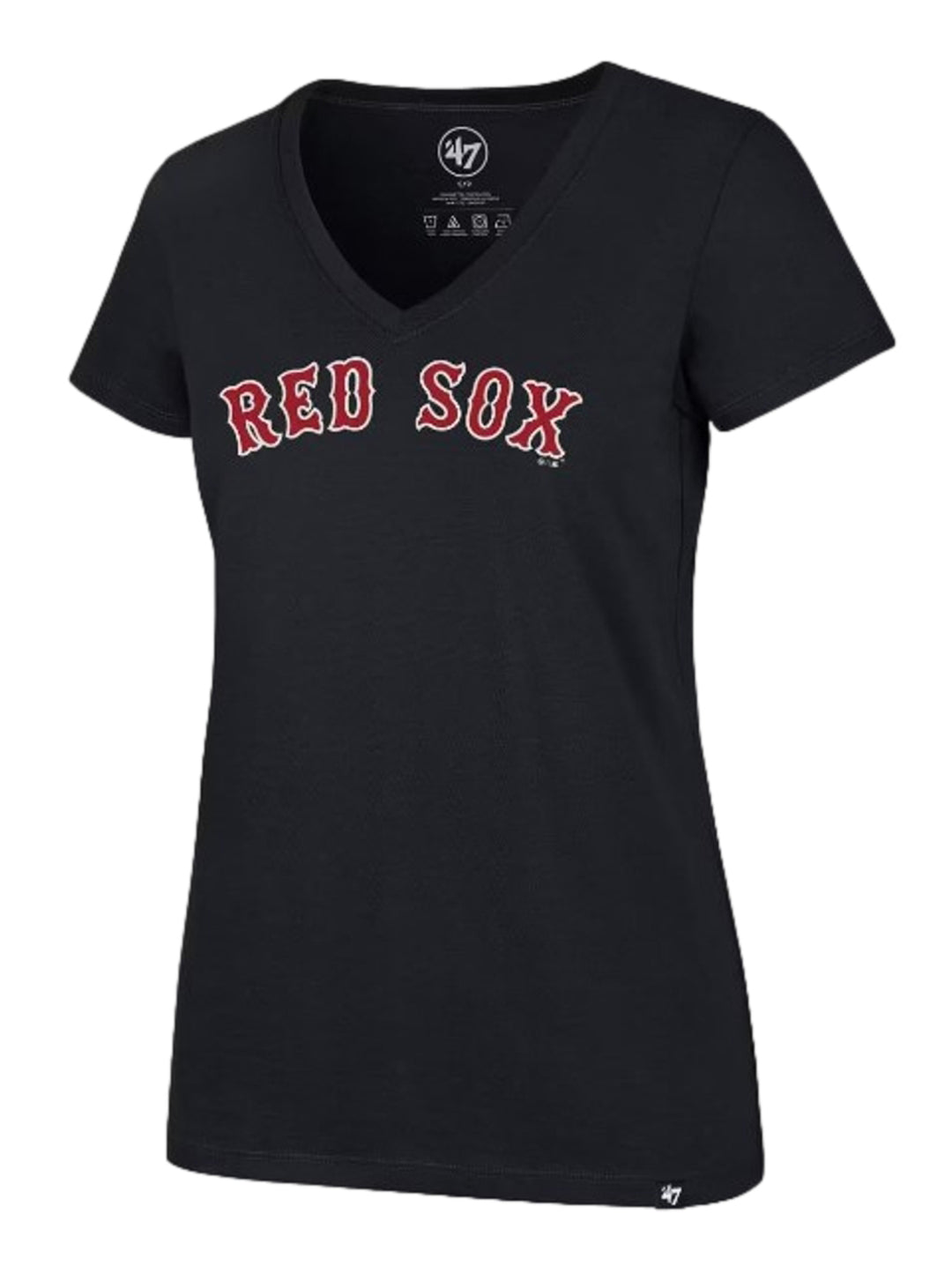 Playera azul marino de cuello en V con el texto 'RED SOX' en color rojo y blanco.