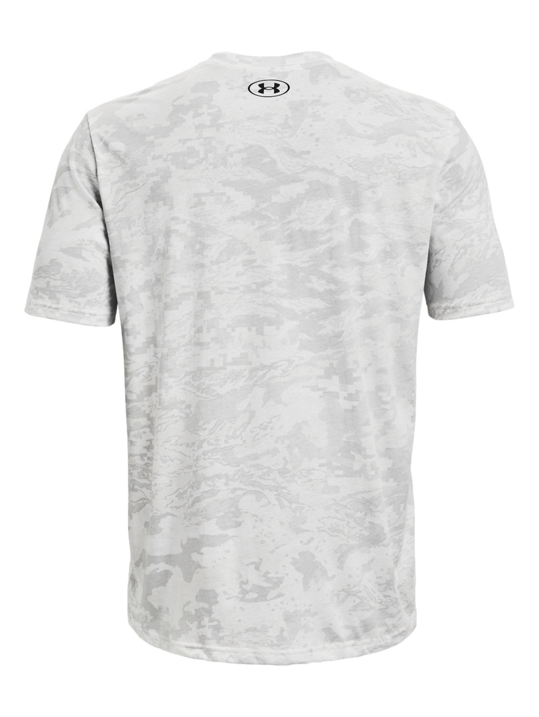 Playera deportiva Under Armour para hombre en color blanco con estampado de camuflaje gris y logo negro.