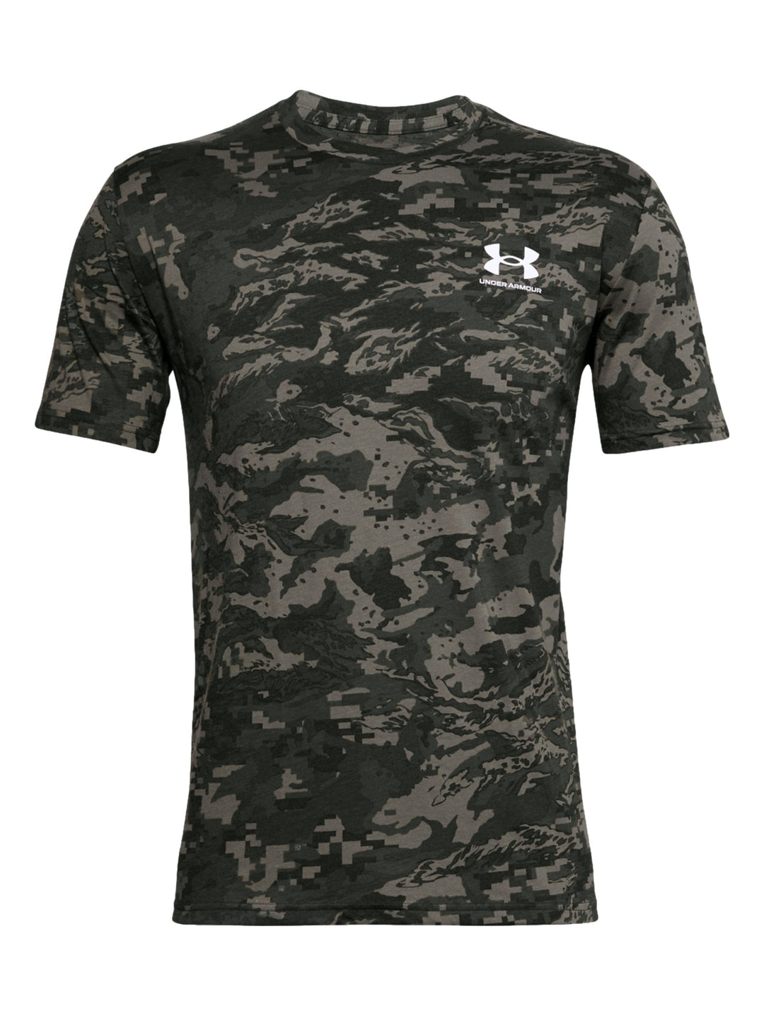 Playera deportiva Under Armour para hombre con estampado de camuflaje en tonos verdes y grises.