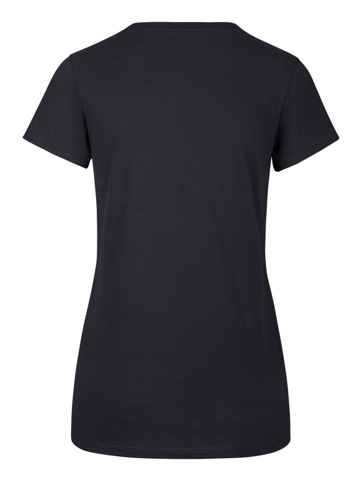 Playera azul marino para mujer con cuello en V y texto Yankees en color blanco en el pecho.
