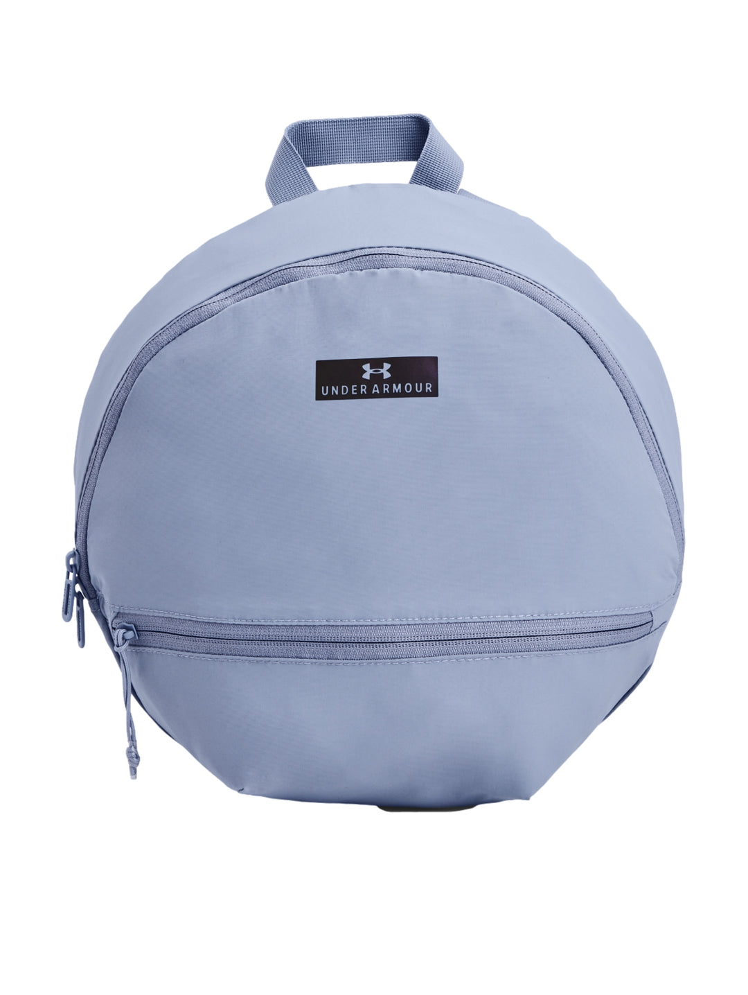 Mochila Under Armour de color azul claro con forma circular y logotipo central.