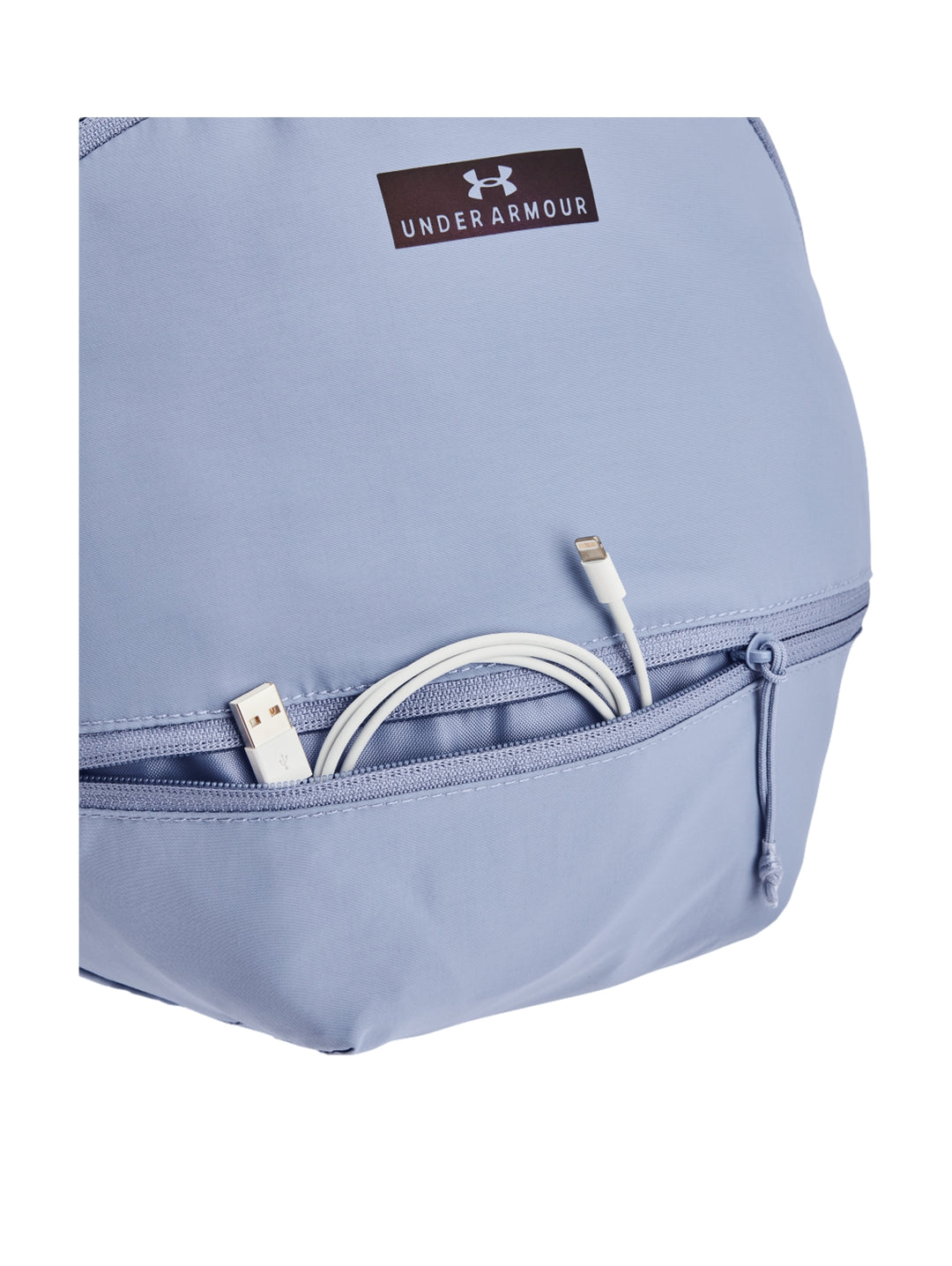 Mochila Under Armour de color azul claro con forma circular y logotipo central.