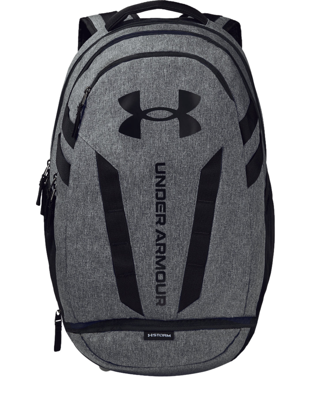 Mochila Under Armour Hustle color gris con detalles y logotipo en negro.
