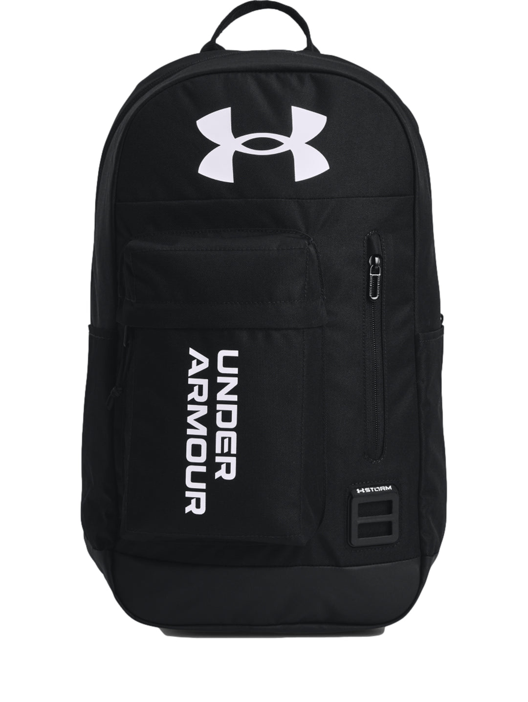 Mochila deportiva Under Armour de color negro con logotipos blancos en el frente.