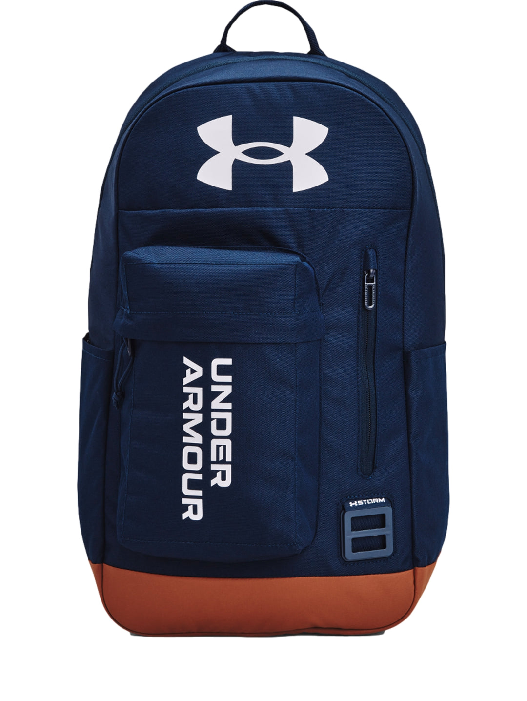 Mochila Under Armour Halftime color azul marino con base marrón y logotipos en blanco.
