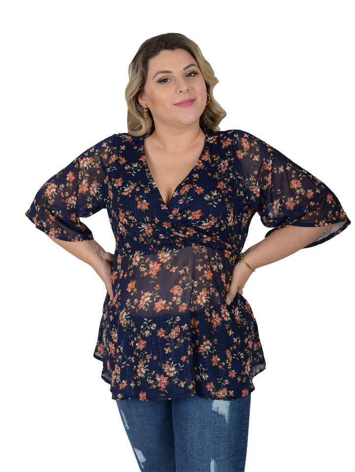 Blusa color marino con estampado floral, cuello en V y mangas cortas para mujer.