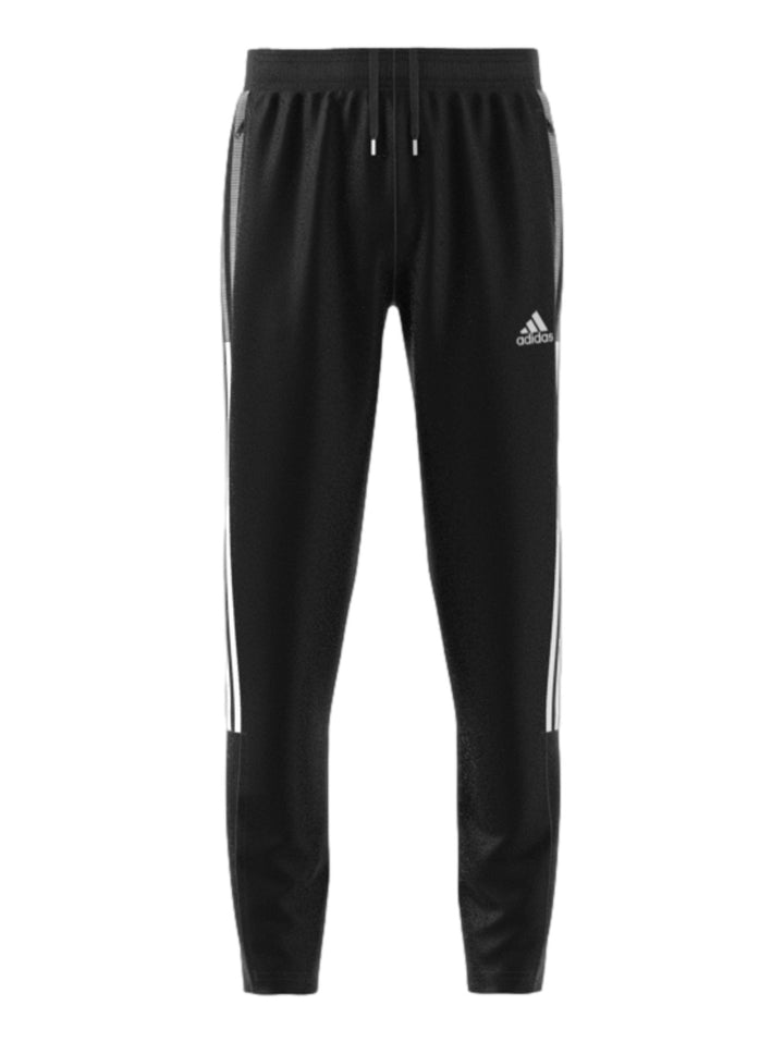 Pantalones deportivos Adidas color negro con franjas blancas laterales y logotipo blanco.