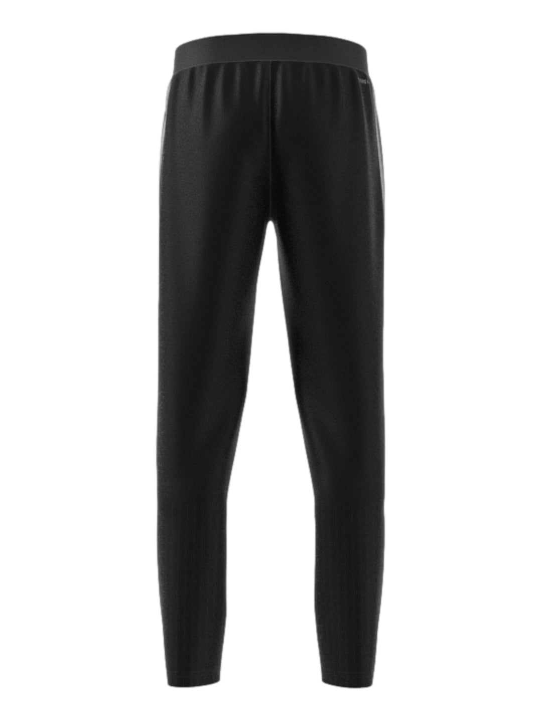 Pantalones deportivos Adidas color negro con franjas blancas laterales y logotipo blanco.