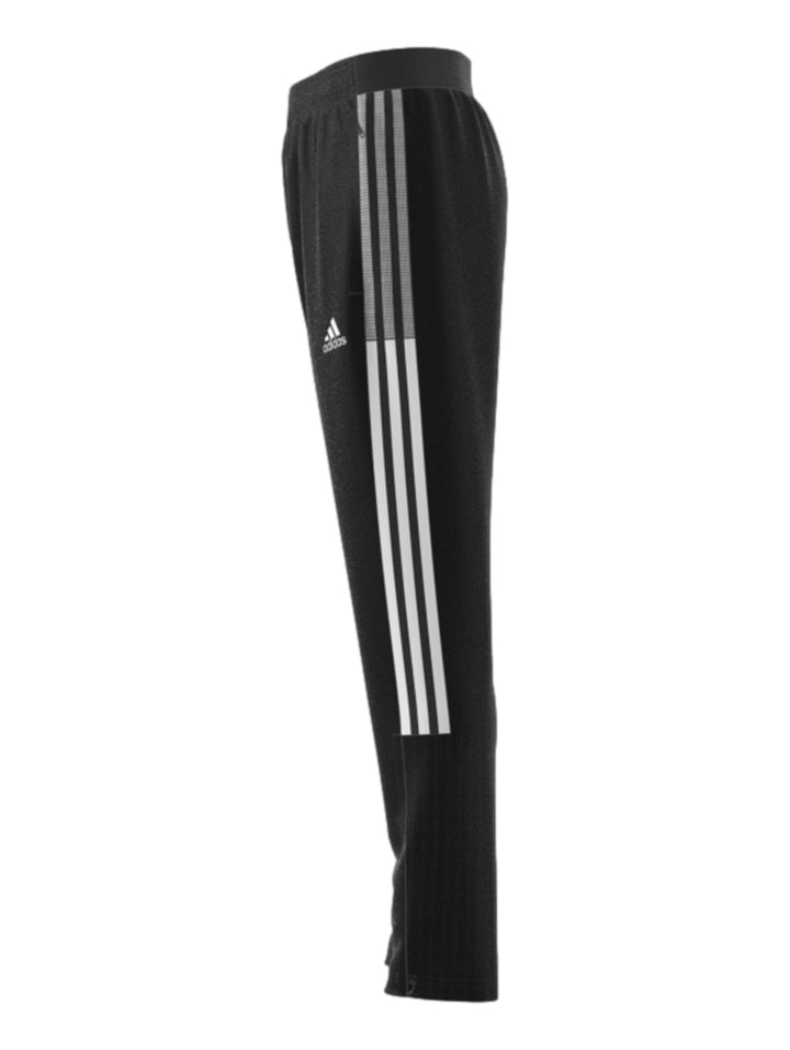 Pantalones deportivos Adidas color negro con franjas blancas laterales y logotipo blanco.