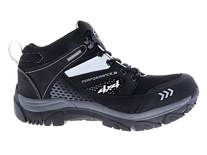 Zapato deportivo tipo botín marca 4x4 en colores negro y gris con detalles blancos y suela robusta.