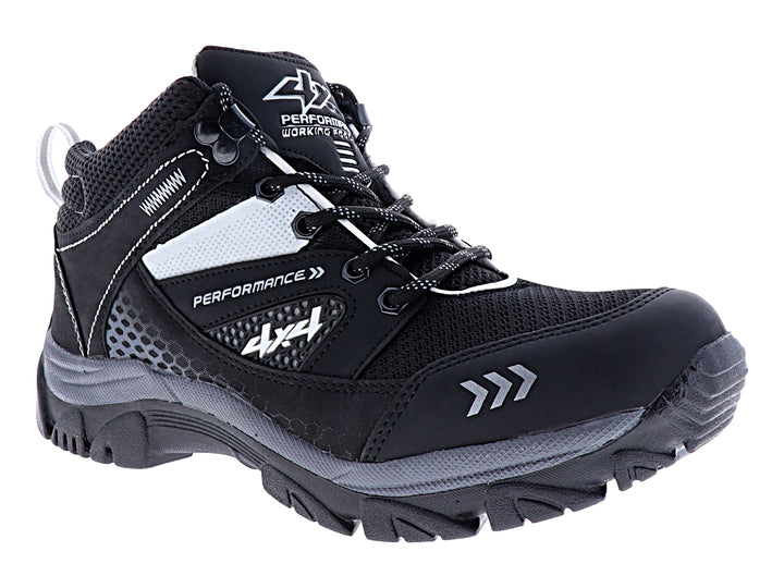 Zapato deportivo tipo botín marca 4x4 en colores negro y gris con detalles blancos y suela robusta.