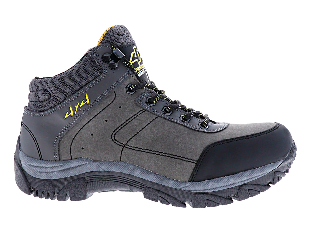 Bota deportiva marca 4X4 en color gris oxford con detalles en negro y amarillo, diseño robusto para senderismo.