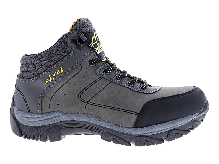 Bota deportiva marca 4X4 en color gris oxford con detalles en negro y amarillo, diseño robusto para senderismo.