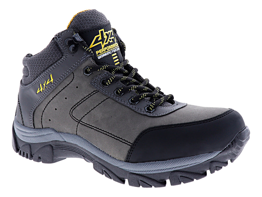 Bota deportiva marca 4X4 en color gris oxford con detalles en negro y amarillo, diseño robusto para senderismo.