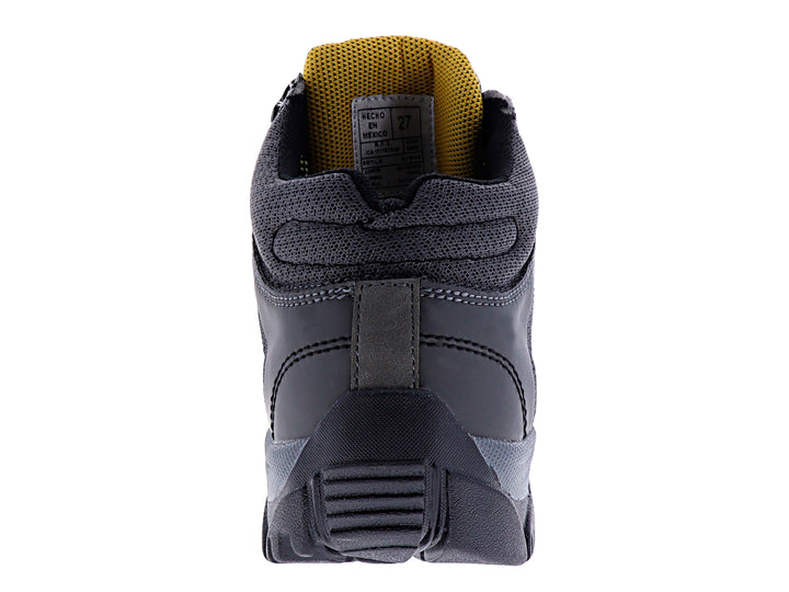 Bota deportiva marca 4X4 en color gris oxford con detalles en negro y amarillo, diseño robusto para senderismo.