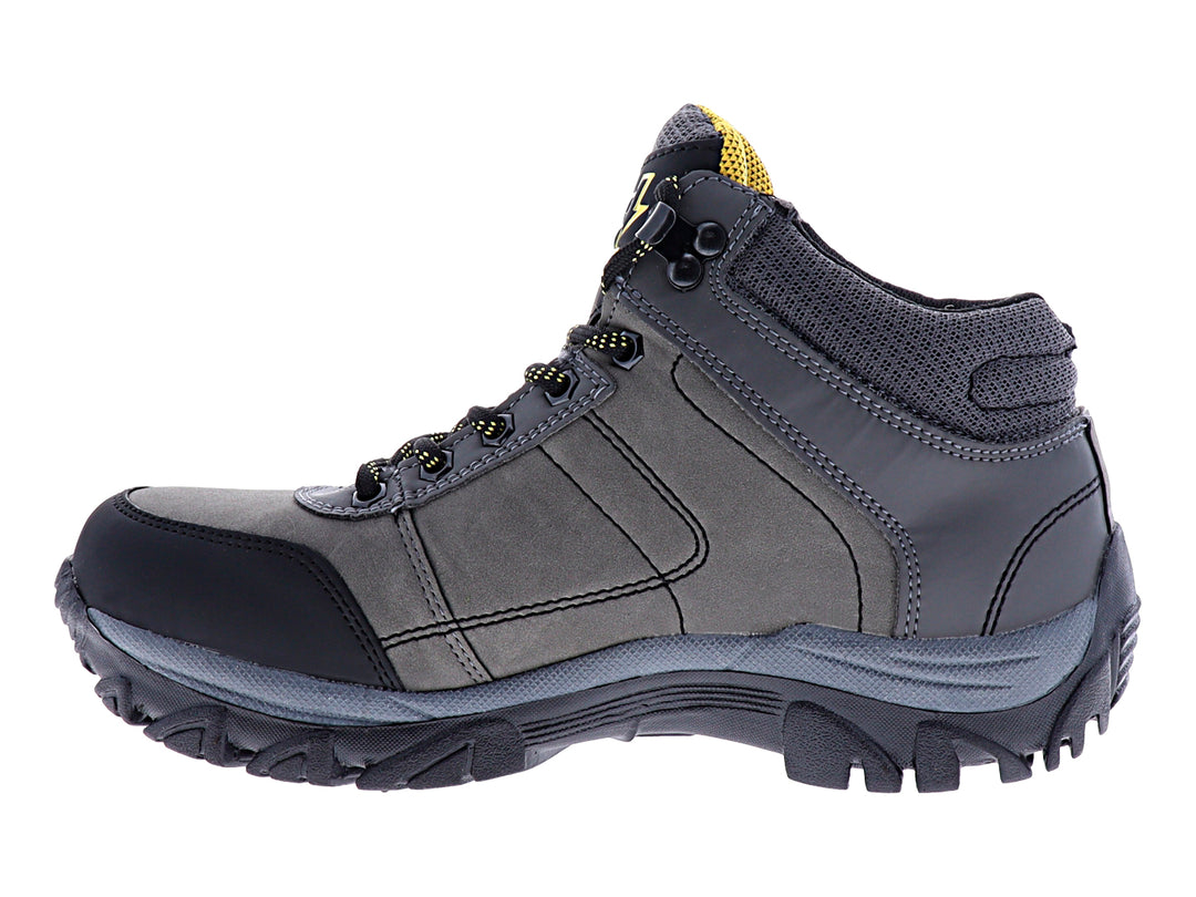 Bota deportiva marca 4X4 en color gris oxford con detalles en negro y amarillo, diseño robusto para senderismo.
