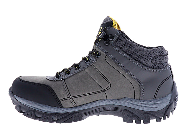 Bota deportiva marca 4X4 en color gris oxford con detalles en negro y amarillo, diseño robusto para senderismo.