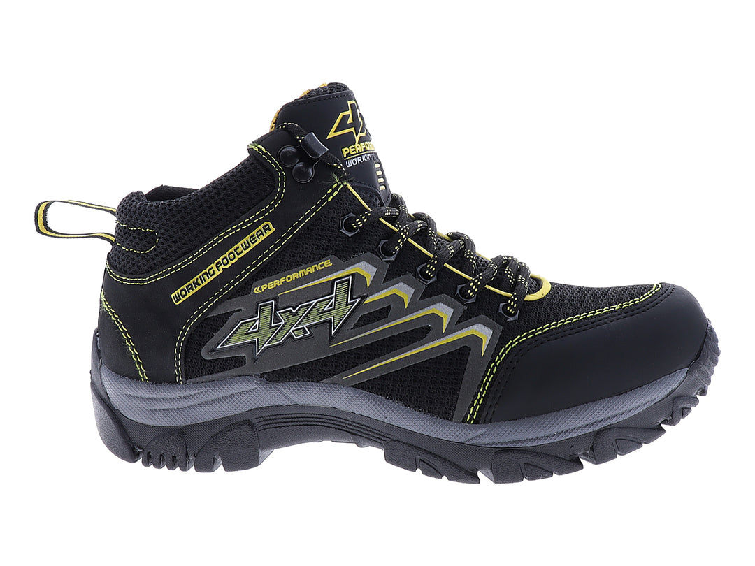 Zapato deportivo de seguridad marca 4X4 en color negro con detalles amarillos y suela gris.