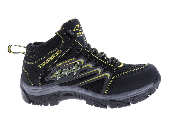 Zapato deportivo de seguridad marca 4X4 en color negro con detalles amarillos y suela gris.